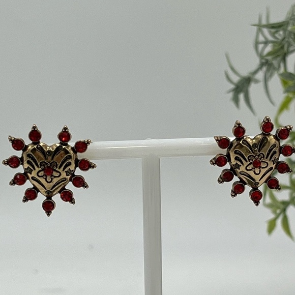 BETSEY JOHNSON Sparkling Red & Gold Hearts POST EARRINGS! - Picture 1 of 14